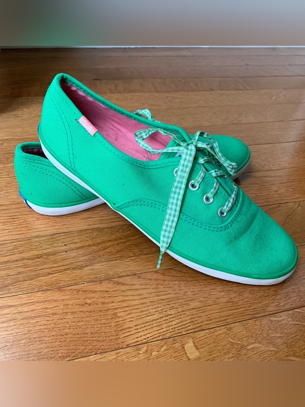 Keds Champion Canvas Kelly Green Gingham Lace Up Sneakers Shoes Women's 6.5